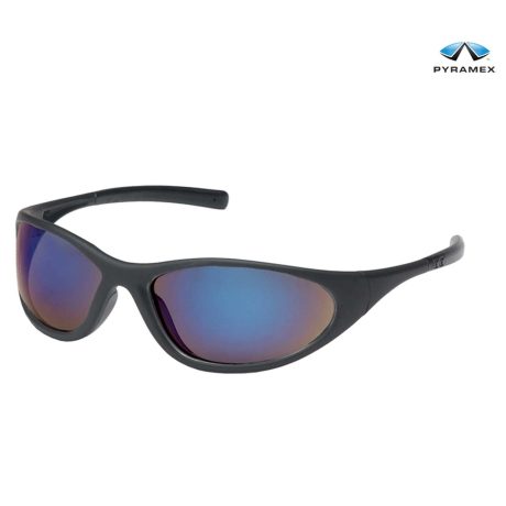 Pyramex Brille Zone 2 blau, schlagfeste Polycarbonatbrille, schützt vor schädlichen UV-Strahlen, Bügelende mit Gummipolster, schwarzer Rahmen